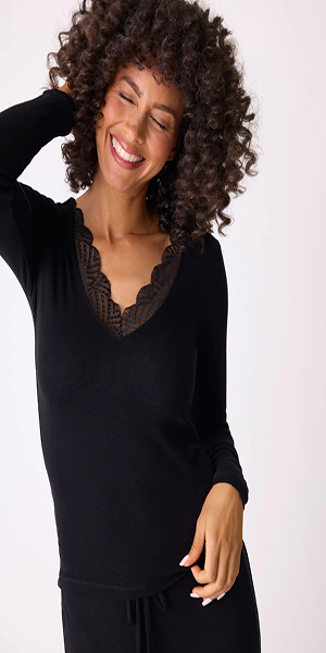 Elevate your lounge look with our fitted black long sleeve top. The micro-rib knit fabric offers a soft, cozy feel, while the lace inset neckline and back detail add a touch of sophistication. Perfect for relaxing evenings or casual outings.    V-neck fitted black long sleeve top Lace inset neckline and back detail V-neck fitted black long sleeve top Lace inset neckline and back detail Color: Black