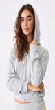 Women's zip hoodie in grey heather knit Yellow heart-printed drawcords Front pockets 61% Polyester 35% Rayon 4% Elastane - Peachy Turn Garment Inside Out. Machine Wash Cold. Do Not Bleach. Lay Flat to Dry. Imported Color Heather Grey