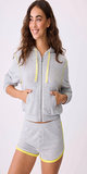 Women's zip hoodie in grey heather knit Yellow heart-printed drawcords Front pockets 61% Polyester 35% Rayon 4% Elastane - Peachy Turn Garment Inside Out. Machine Wash Cold. Do Not Bleach. Lay Flat to Dry. Imported Color Heather Grey