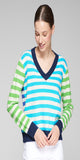 Multicoloured striped jumper. Front body in blue and white stripes, back in navy blue and white stripes, sleeves in green and white stripes. V-neck.&nbsp;

100% Wool