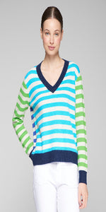 Multicoloured striped jumper. Front body in blue and white stripes, back in navy blue and white stripes, sleeves in green and white stripes. V-neck.&nbsp;

100% Wool