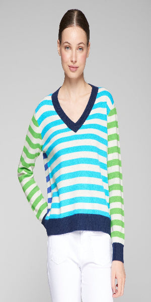 Multicoloured striped jumper. Front body in blue and white stripes, back in navy blue and white stripes, sleeves in green and white stripes. V-neck. 

100% Wool