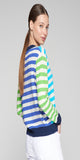 Multicoloured striped jumper. Front body in blue and white stripes, back in navy blue and white stripes, sleeves in green and white stripes. V-neck.&nbsp;

100% Wool