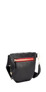 Crafted with classic, pebbled black leather Red logo twill lining Brushed gold&nbsp;hardware, guaranteed for life Features statement red zipper tape Front zippered pocket and back zippered cell phone pocket Zipper closure; interior credit card slot 11" x 1.5" x 5.75" Strap: 1.75" W x 29.5"- 52"L