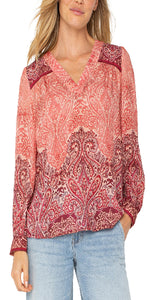 25-1/4" High Shoulder Point
V-neck
Shirring details
Button cuffs
Long sleeves
Color: Mauve ombre paisley
100% Viscose
Turn inside out, machine wash cold with like colors, gentle cycle, only non-chlorine bleach when needed, flat air dry, cool iron if needed, reshape carefully during wet.