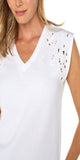 24" High Shoulder Point

V- neck

Cap&nbsp;sleeve
Floral embroidery at shoulders
Straight hem finish
72% Polyester, 24% Rayon, 4% Spandex
Color: White
Turn Inside Out, Hand Wash Cold, Wash Separately, Do Not Bleach, Reshape When Wet, Flat Air Dry, Cool Iron If Needed, Or Dry Clean