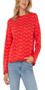 23'' High shoulder point

Long sleeves

Boatneck

Rolled neckline
Scalloped edges

7GG Pointelle stitching
Color: Pink/Red
60% COTTON, 40% ACRYLIC
Turn Inside Out, Hand Wash Cold, Wash Separately, Only Non-Chlorine Bleach When Needed, Reshape When Wet, Flat Air Dry, Cool Iron If Needed, Or Dry Clean