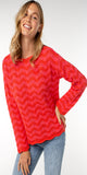 23'' High shoulder point

Long sleeves

Boatneck

Rolled neckline
Scalloped edges

7GG Pointelle stitching
Color: Pink/Red
60% COTTON, 40% ACRYLIC
Turn Inside Out, Hand Wash Cold, Wash Separately, Only Non-Chlorine Bleach When Needed, Reshape When Wet, Flat Air Dry, Cool Iron If Needed, Or Dry Clean