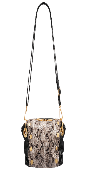 Crafted with Italian leather Features snake-inspired scales, delicately foiled atop a luxurious suede base Red suede lining Brushed gold hardware, functionality covered for life Exterior cell phone pocket, interior credit card slot Detachable and adjustable crossbody strap Bag: 10.5