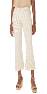 25-1/2” inseam
Mid-rise
9-5/8" Front rise; 18" Leg opening for size 4
Back pleat at hem
Stitching down leg for elongated silhouette
Set-in waistband with loops
Faux fly with no zipper
Working pockets
Color: cappuccino stripe
66% POLYESTER, 32% COTTON, 2% SPANDEX
Machine Wash Cold, Wash Separately, Wash Inside Out, Only Non-Chlorine Bleach When Needed, Tumble Dry Low, Cool Iron If Needed, Or Dry Clean